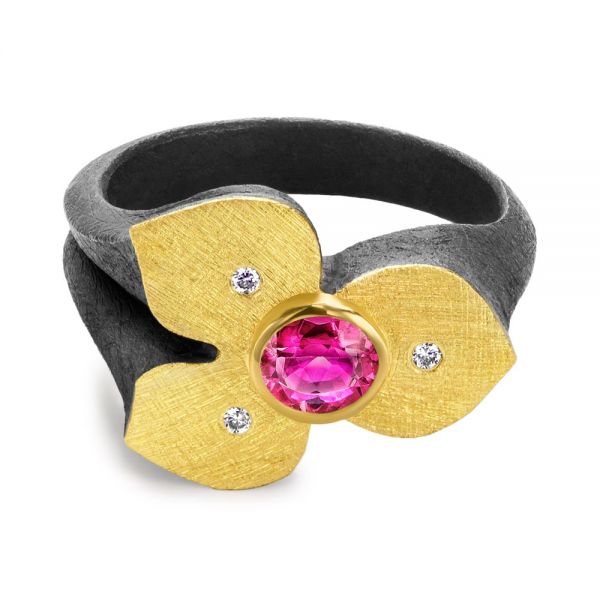 Bezel Set Ruby Flower Ring - Flat View -  107114