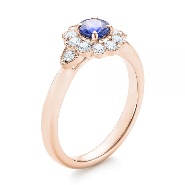14k Rose Gold 14k Rose Gold Blue Sapphire And Diamond Floral Halo Ring - Three-Quarter View -  103768