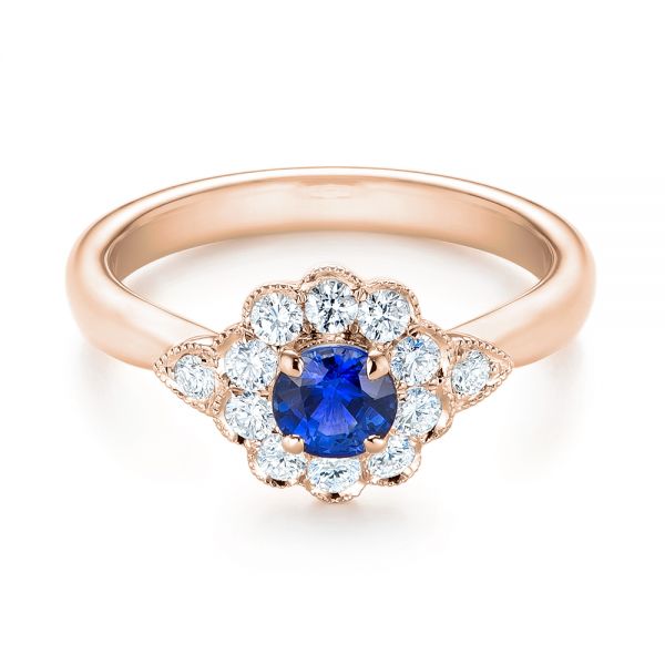 14k Rose Gold 14k Rose Gold Blue Sapphire And Diamond Floral Halo Ring - Flat View - 103768