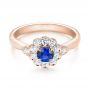 14k Rose Gold 14k Rose Gold Blue Sapphire And Diamond Floral Halo Ring - Flat View -  103768 - Thumbnail