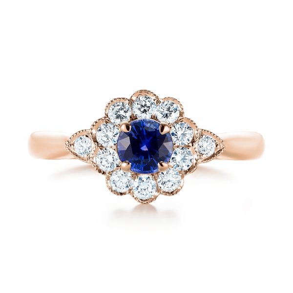 14k Rose Gold 14k Rose Gold Blue Sapphire And Diamond Floral Halo Ring - Top View - 103768
