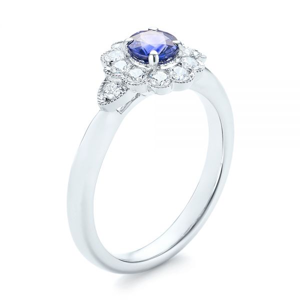 Blue Sapphire and Diamond Floral Halo Ring - Image