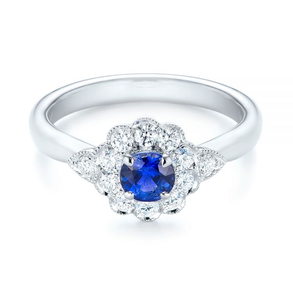  Platinum Platinum Blue Sapphire And Diamond Floral Halo Ring - Flat View -  103768