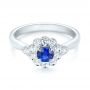 14k White Gold Blue Sapphire And Diamond Floral Halo Ring - Flat View -  103768 - Thumbnail