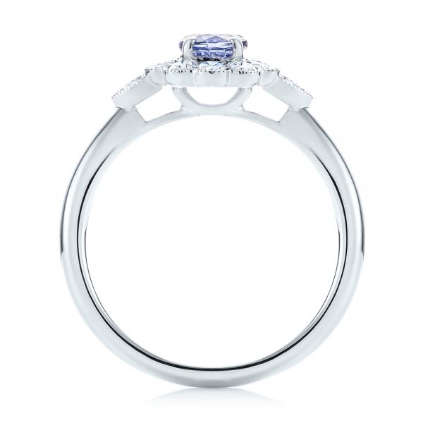 18k White Gold 18k White Gold Blue Sapphire And Diamond Floral Halo Ring - Front View -  103768