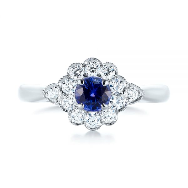 18k White Gold 18k White Gold Blue Sapphire And Diamond Floral Halo Ring - Top View -  103768