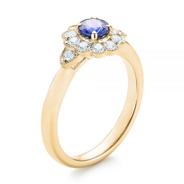 18k Yellow Gold 18k Yellow Gold Blue Sapphire And Diamond Floral Halo Ring - Three-Quarter View -  103768