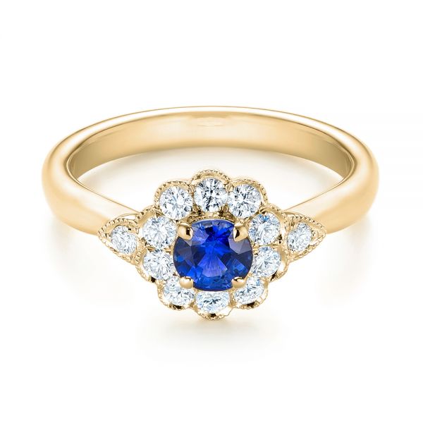 18k Yellow Gold 18k Yellow Gold Blue Sapphire And Diamond Floral Halo Ring - Flat View -  103768