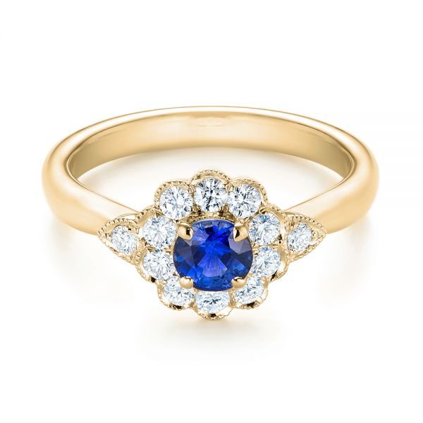 14k Yellow Gold 14k Yellow Gold Blue Sapphire And Diamond Floral Halo Ring - Flat View - 103768
