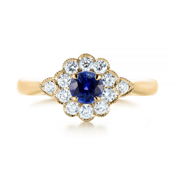 18k Yellow Gold 18k Yellow Gold Blue Sapphire And Diamond Floral Halo Ring - Top View -  103768