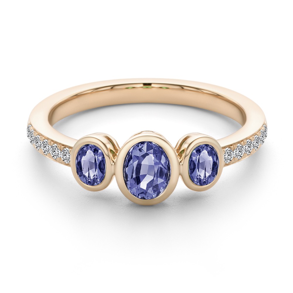 14k Rose Gold 14k Rose Gold Blue Sapphire And Diamond Trilogy Ring - Flat View -  108029 - Thumbnail