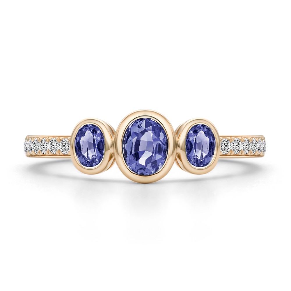 14k Rose Gold 14k Rose Gold Blue Sapphire And Diamond Trilogy Ring - Top View -  108029 - Thumbnail