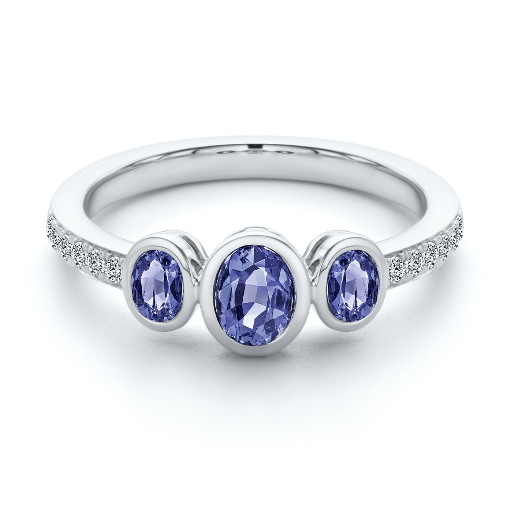 14k White Gold Blue Sapphire And Diamond Trilogy Ring - Flat View -  108029 - Thumbnail