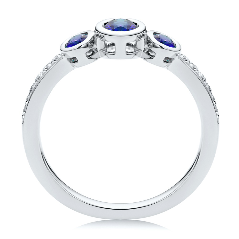 14k White Gold Blue Sapphire And Diamond Trilogy Ring - Front View -  108029 - Thumbnail