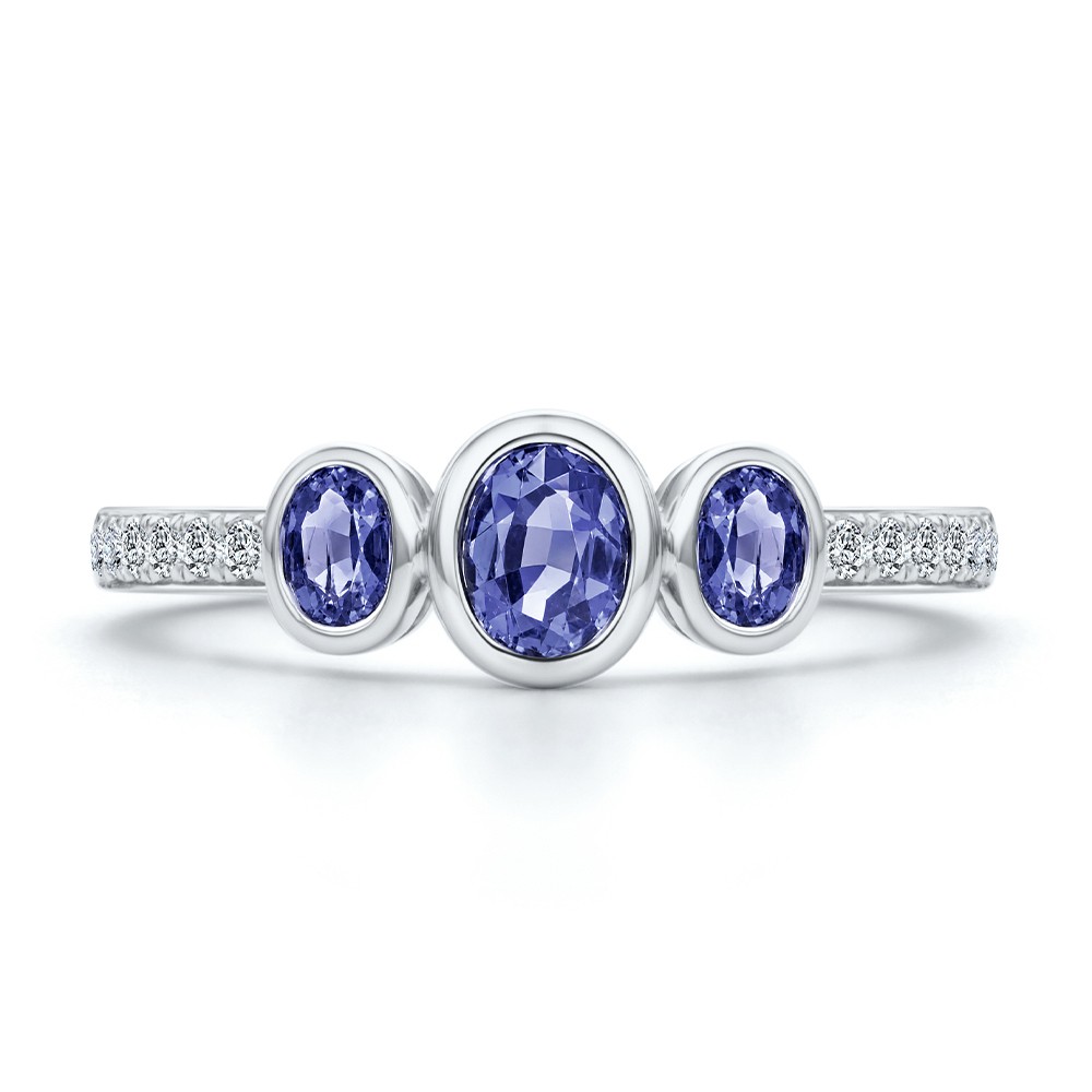 14k White Gold Blue Sapphire And Diamond Trilogy Ring - Top View -  108029 - Thumbnail