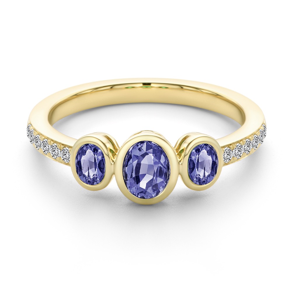 14k Yellow Gold 14k Yellow Gold Blue Sapphire And Diamond Trilogy Ring - Flat View -  108029 - Thumbnail