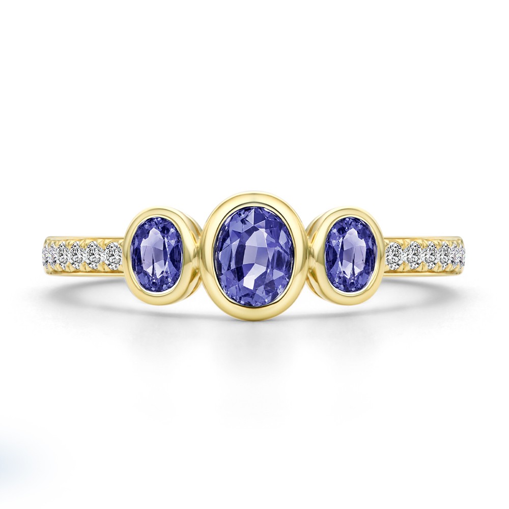 14k Yellow Gold 14k Yellow Gold Blue Sapphire And Diamond Trilogy Ring - Top View -  108029 - Thumbnail