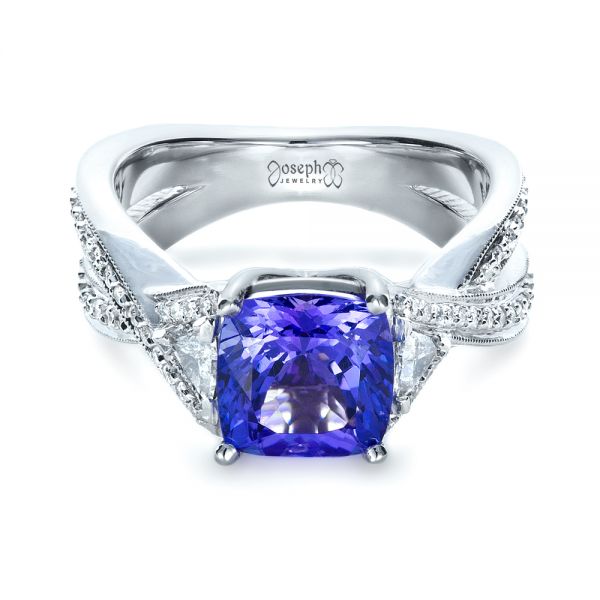 18k White Gold Blue Tanzanite Criss-cross Engagement Ring - Flat View -  1314