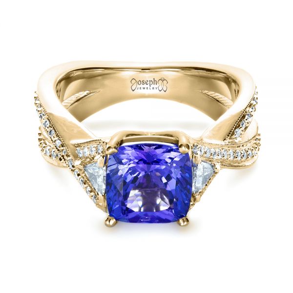 18k Yellow Gold 18k Yellow Gold Blue Tanzanite Criss-cross Engagement Ring - Flat View - 1314