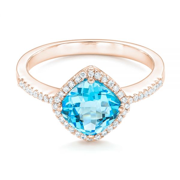 18k Rose Gold 18k Rose Gold Blue Topaz And Diamond Halo Ring - Flat View -  102617