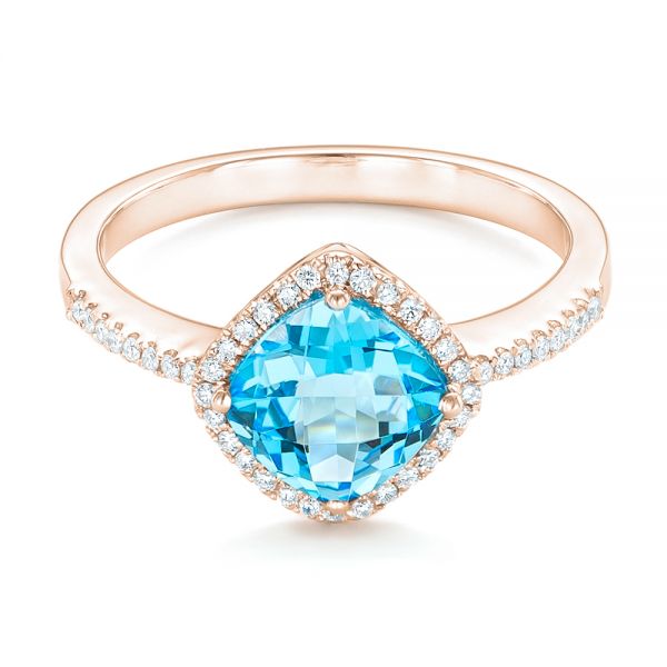 14k Rose Gold 14k Rose Gold Blue Topaz And Diamond Halo Ring - Flat View -  102617