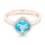 14k Rose Gold 14k Rose Gold Blue Topaz And Diamond Halo Ring - Flat View -  102617 - Thumbnail