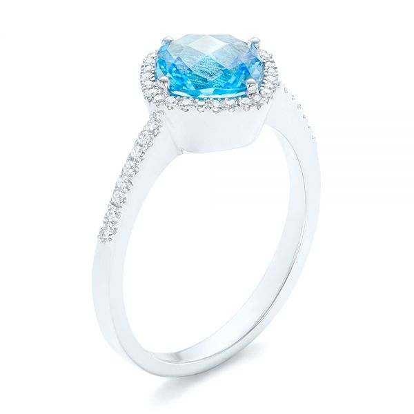 14k White Gold Blue Topaz And Diamond Halo Ring - Three-Quarter View -  102617