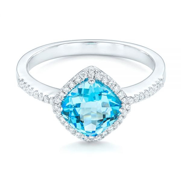 14k White Gold Blue Topaz And Diamond Halo Ring - Flat View -  102617