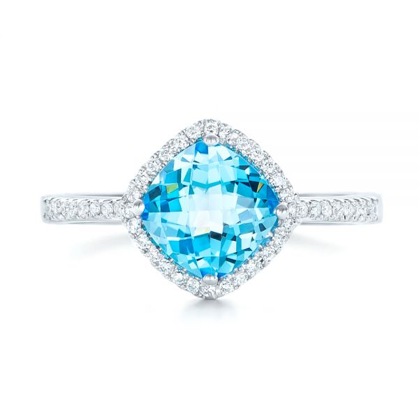 14k White Gold Blue Topaz And Diamond Halo Ring - Top View -  102617