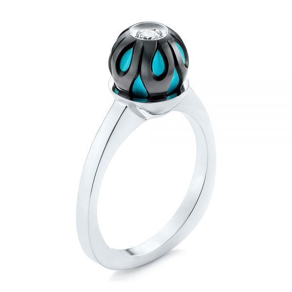 14k White Gold Carved Turquoise Tahitian Pearl And Diamond Ring - Three-Quarter View -  103246