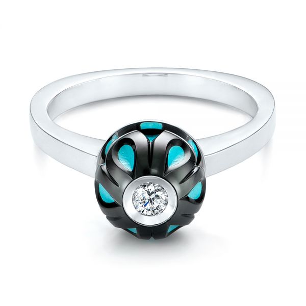 14k White Gold Carved Turquoise Tahitian Pearl And Diamond Ring - Flat View - 103246