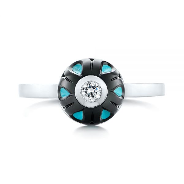 14k White Gold Carved Turquoise Tahitian Pearl And Diamond Ring - Top View - 103246
