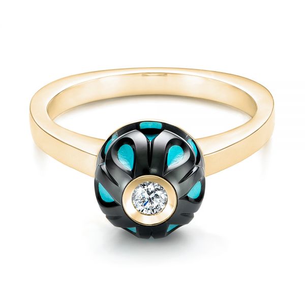 18k Yellow Gold 18k Yellow Gold Carved Turquoise Tahitian Pearl And Diamond Ring - Flat View -  103246