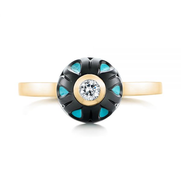 14k Yellow Gold 14k Yellow Gold Carved Turquoise Tahitian Pearl And Diamond Ring - Top View -  103246