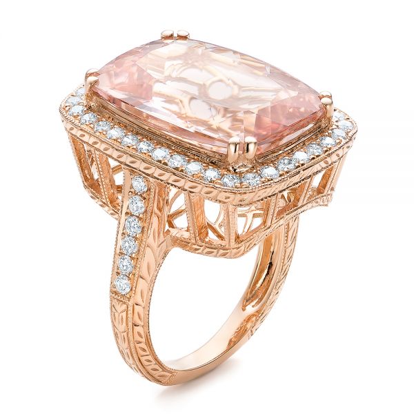 14k Rose Gold 14k Rose Gold Cushion Morganite And Diamond Halo Fashion Ring - Three-Quarter View -  101777