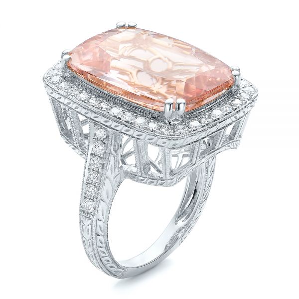  Platinum Platinum Cushion Morganite And Diamond Halo Fashion Ring - Three-Quarter View -  101777