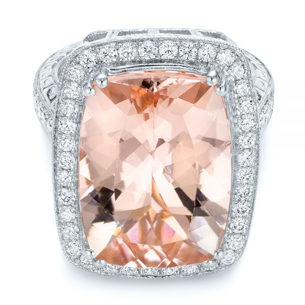 18k White Gold 18k White Gold Cushion Morganite And Diamond Halo Fashion Ring - Flat View - 101777