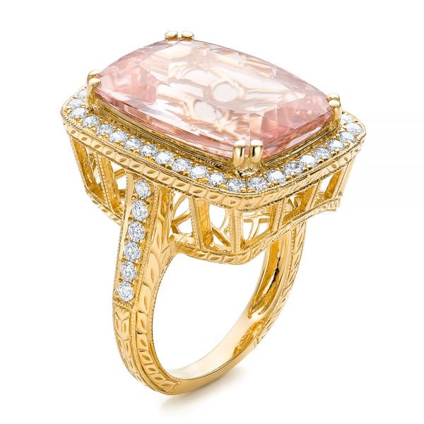 14k Yellow Gold 14k Yellow Gold Cushion Morganite And Diamond Halo Fashion Ring - Three-Quarter View -  101777