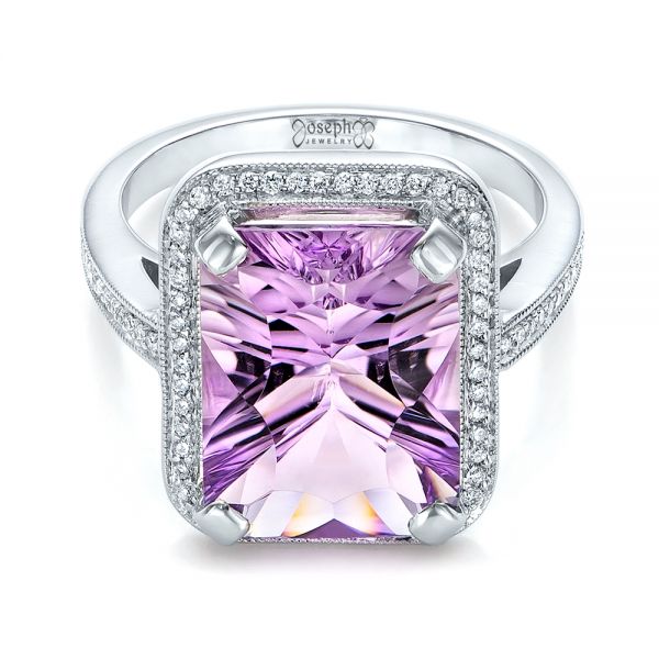 14k White Gold Custom Amethyst And Diamond Fashion Ring - Flat View -  102155