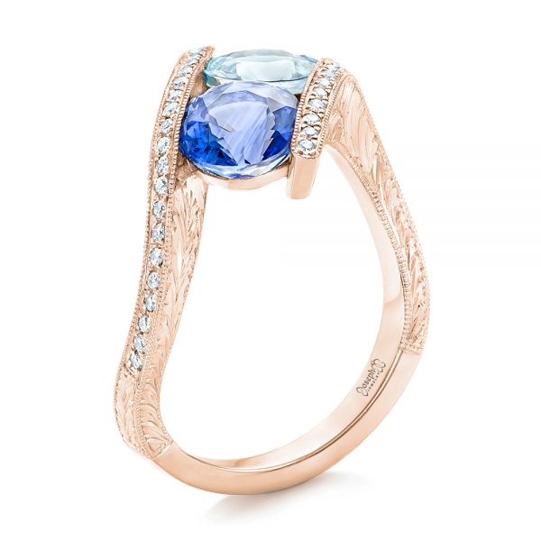 14k Rose Gold 14k Rose Gold Custom Aquamarine Blue Sapphire And Diamond Fashion Ring - Three-Quarter View -  102486