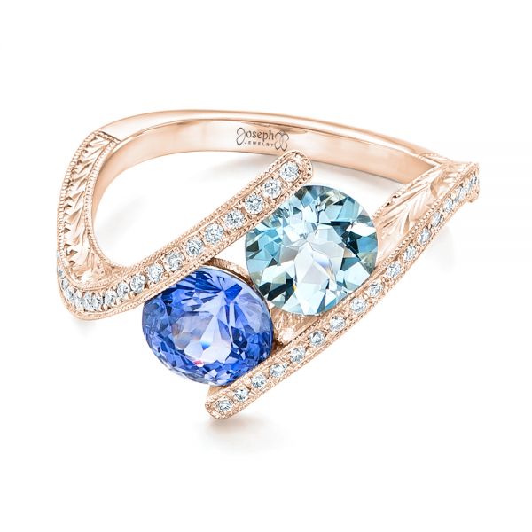 14k Rose Gold 14k Rose Gold Custom Aquamarine Blue Sapphire And Diamond Fashion Ring - Flat View -  102486