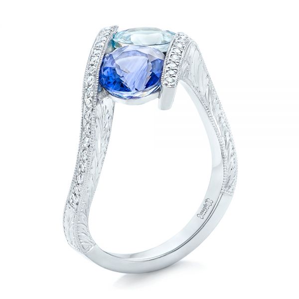 18k White Gold 18k White Gold Custom Aquamarine Blue Sapphire And Diamond Fashion Ring - Three-Quarter View -  102486