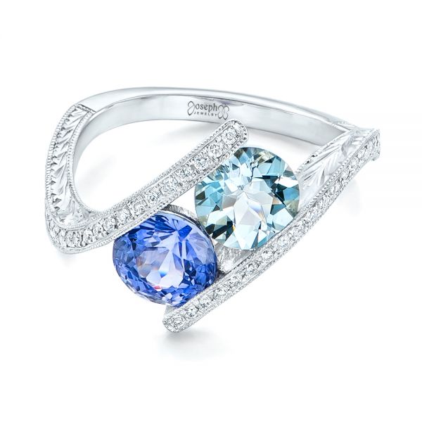 14k White Gold Custom Aquamarine Blue Sapphire And Diamond Fashion Ring - Flat View -  102486