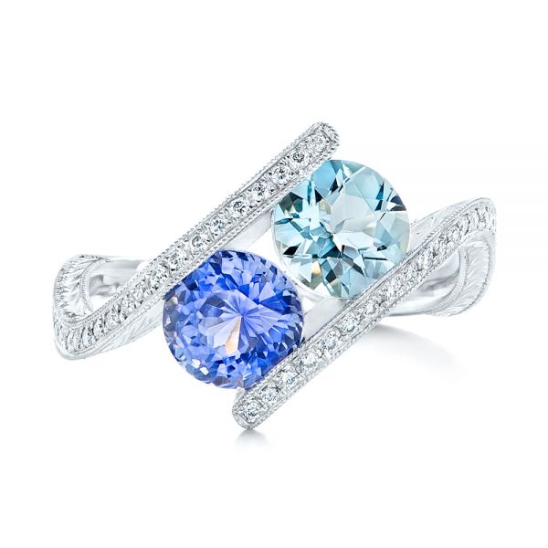 18k White Gold 18k White Gold Custom Aquamarine Blue Sapphire And Diamond Fashion Ring - Top View -  102486