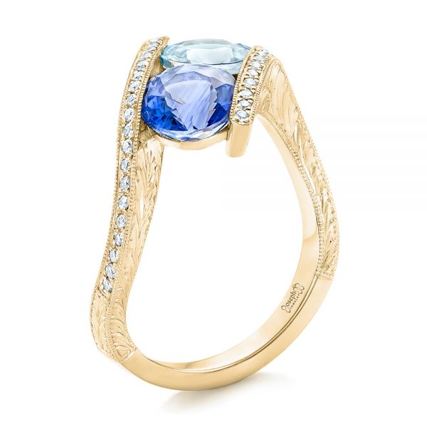 14k Yellow Gold 14k Yellow Gold Custom Aquamarine Blue Sapphire And Diamond Fashion Ring - Three-Quarter View -  102486