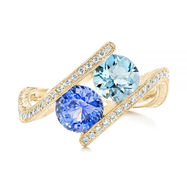 18k Yellow Gold 18k Yellow Gold Custom Aquamarine Blue Sapphire And Diamond Fashion Ring - Top View -  102486
