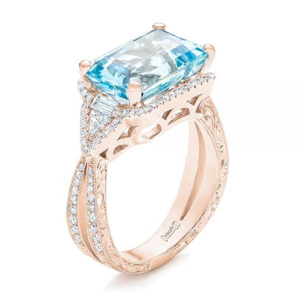 18k Rose Gold 18k Rose Gold Custom Aquamarine And Diamond Fashion Ring - Three-Quarter View -  102859