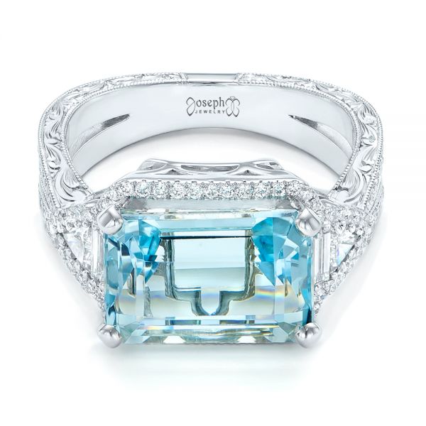 14k White Gold Custom Aquamarine And Diamond Fashion Ring - Flat View - 102859