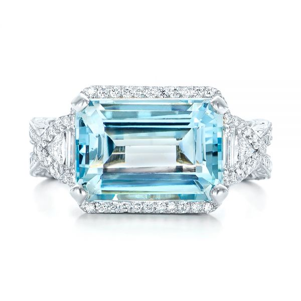 14k White Gold Custom Aquamarine And Diamond Fashion Ring - Top View - 102859