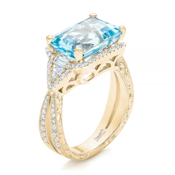 18k Yellow Gold 18k Yellow Gold Custom Aquamarine And Diamond Fashion Ring - Three-Quarter View -  102859